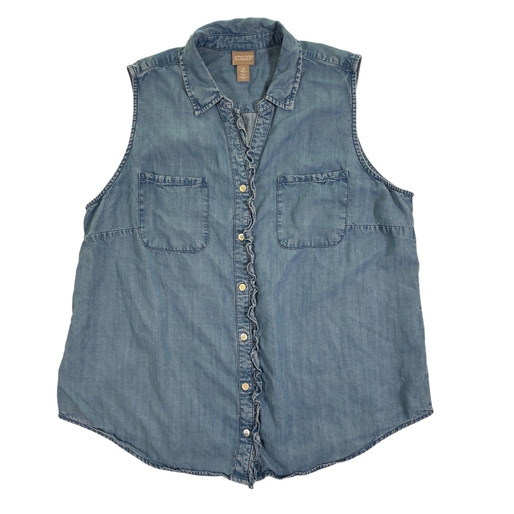 Chicos Blue Sleeveless Ruffle Denim Shirt Button Front Size 3 L XL